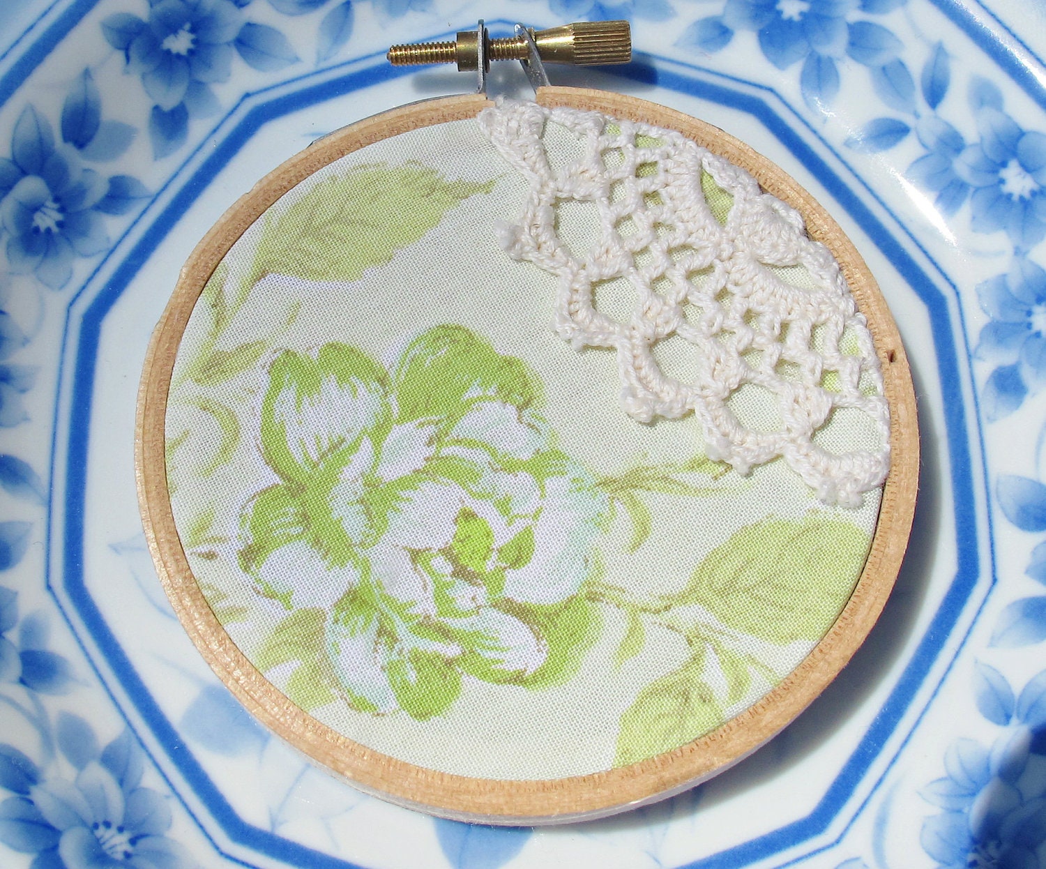 Green and Cream Embroidery Hoop Art Ornament. Vintage Retro Fabric Lime Green Pastel Flowers Roses Christmas Decoration