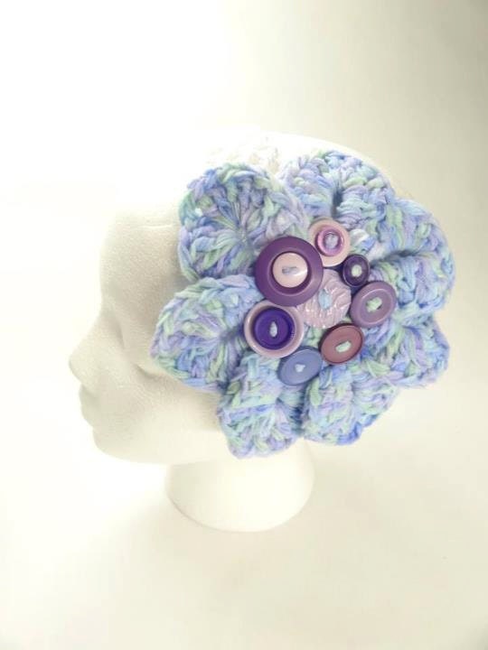Crochet Big Flower With  Buttons, Elastic Headband Spring accessory