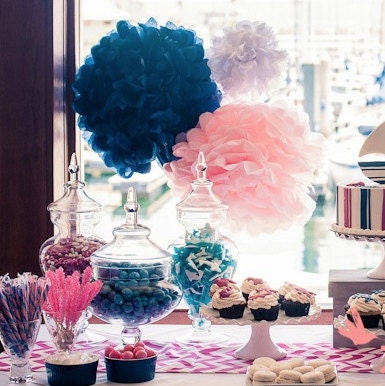 6- tissue Pom Poms- pink navy