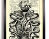 Octopus With Boat Engraving, Nautical, Ocean, Antique, Upcycled Vintage Dictionary Book Page, 8 x 10 Print