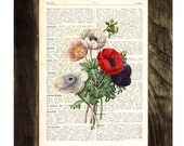 Wall art Vintage Illustration Anemones bouquet  collage Print on Vintage Book page- Home decor