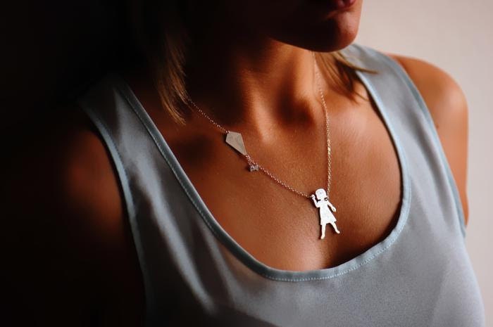 Silver Kite Jewelry - Little Girl Flying a Kite Necklace  - New Mother Gift
