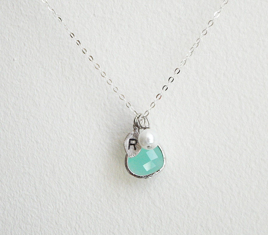 Personalized mint zircon bezel glass necklace,sterling silver necklace