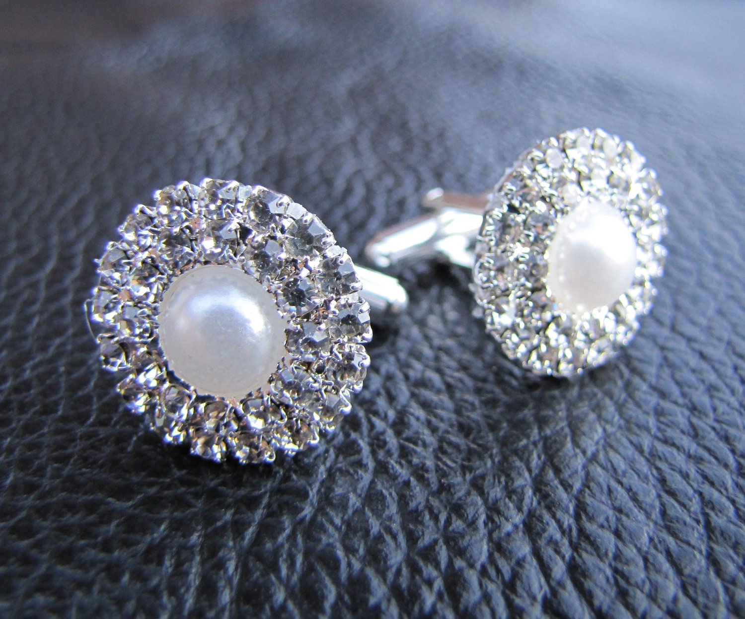 Cuff links for grooms, silver plated cuff links with white pearls and rhinestones, men's cuff links