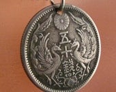 ANTIQUE japan COIN NECKLACE jewelry . pendant. silver . bird phoenix japanese. chrysanthemum silver. 50 sen . asian. mens No.001126