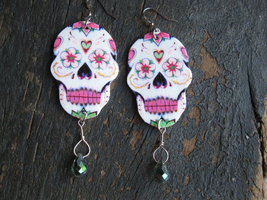 Sugar Skull Earrings Rockabilly Day of The Dead Bright Pink and Green