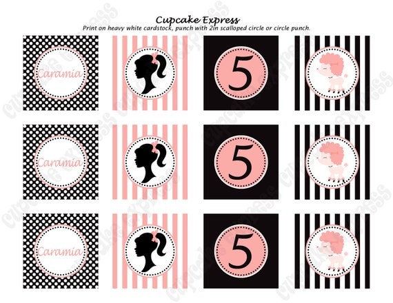 DIY Barbie in Paris Printable Party Circles 2in Cupcake Toppers polka dots stripes rain drops pink purple orangeCupcake Express Il_570xn