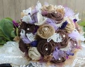 Burlap and Lace Wedding Bouquets with Purple for Bride, Maid of Honor, Bridesmaids, Flower Girls, Toss Bouquet