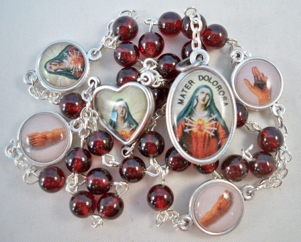 Handmade Chaplet of the Five Wounds of Christ, Color Medals, Natural Deep Red Garnet Gemstone Beads