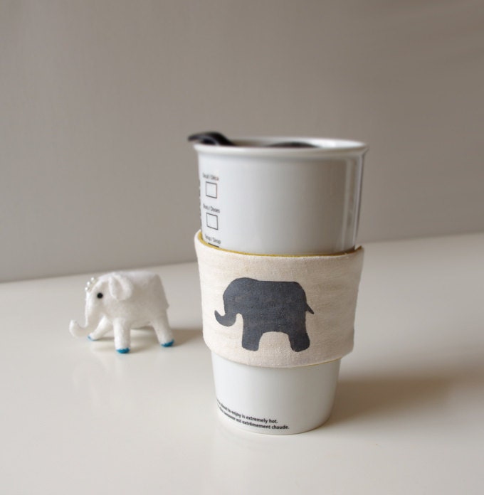 Linen Coffee Cup Sleeve - Elephant (Mustard)
