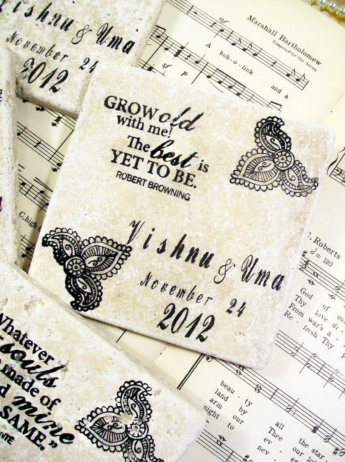 Wedding Coaster Set of 4 Personalized Wedding Gifts Love Quotes and Sayings Henna Design
