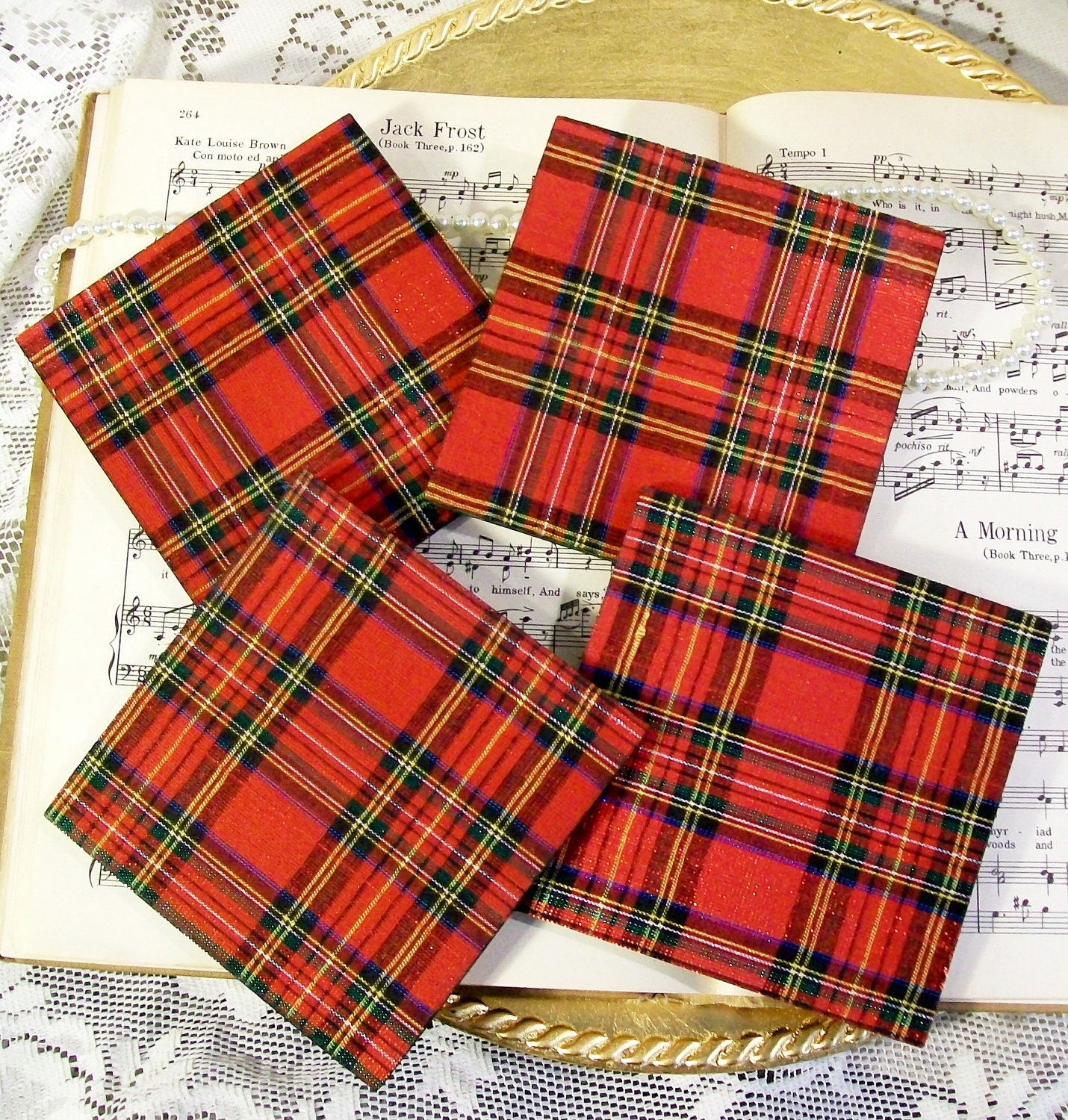Holiday Christmas Coasters Set of 4 Tartan Plaid Christmas Cloth and Wood Coasters Christmas Art