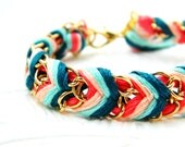 Peach Mint Tea - Neon Coral, Peachy Keen, Aqua Mint, &  Rich Turquoise - Chevron Braided Modern Friendship Bracelet - Gold Chain