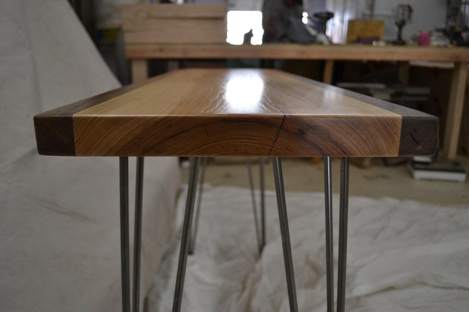 Hickory & Walnut Side Table W/ Hairpin Legs