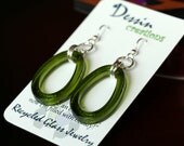 SLUMPED Wine Bottle Earrings, Green Hoops, Upcycled Glass Jewelry, Reycycled Glass Earrings, Sterling Silver Earrings, Dessin Creations