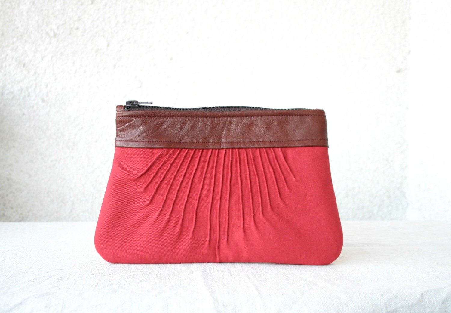Pleated Clutch purse red brown leather canvas