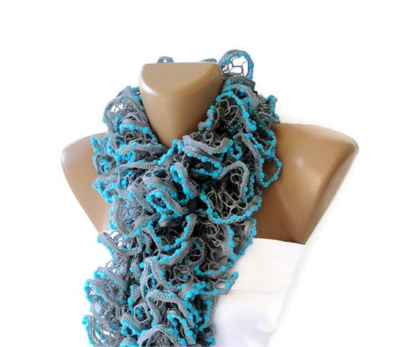 scarf, Knitted women Ruffled Scarf ,blue and gray scarf, TREND SCARF, accessories, ruffle scarves, gifts for her, fashion, long scarf,