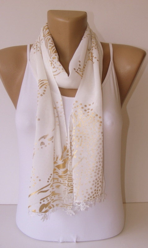 fashion women scarf, chiffon scarf, women scarves, gift ideas, for her, gold gilt, handmade gift scarf, white scarves