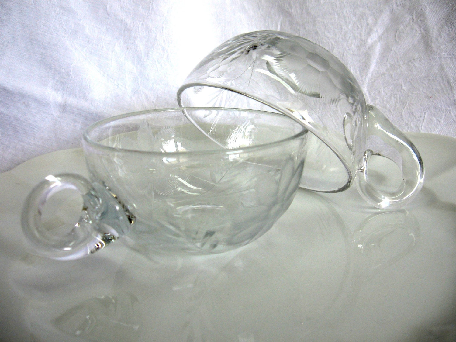 2 Elegant  Vintage Etched Glass Punch Cups