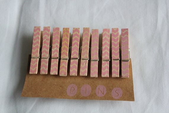 Mini Chevron Clothespins "Pink Lemonade" - Set of 10 Handstamped Clothes Pins