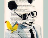 Panda with 2 Birds -Original Illustration-Art Print-Art Poster- Hand Painting Mixed Media-French 1920 Vintage Paper Dandy Google