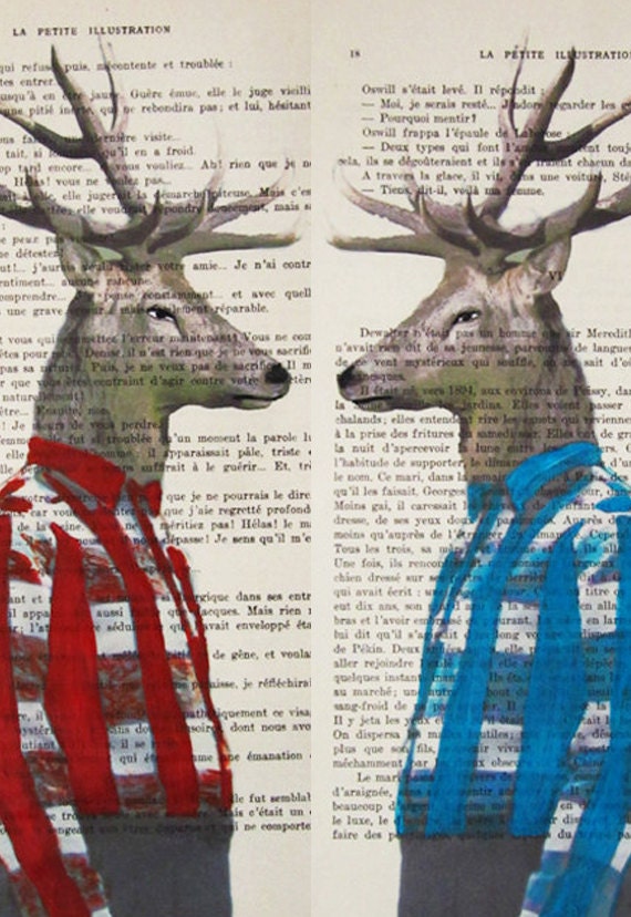 2 Mr Deers : Poster Print / Mixed Media / Gift For Him / Digital Print / Drawing Illustration / Painting / Vintage Art
