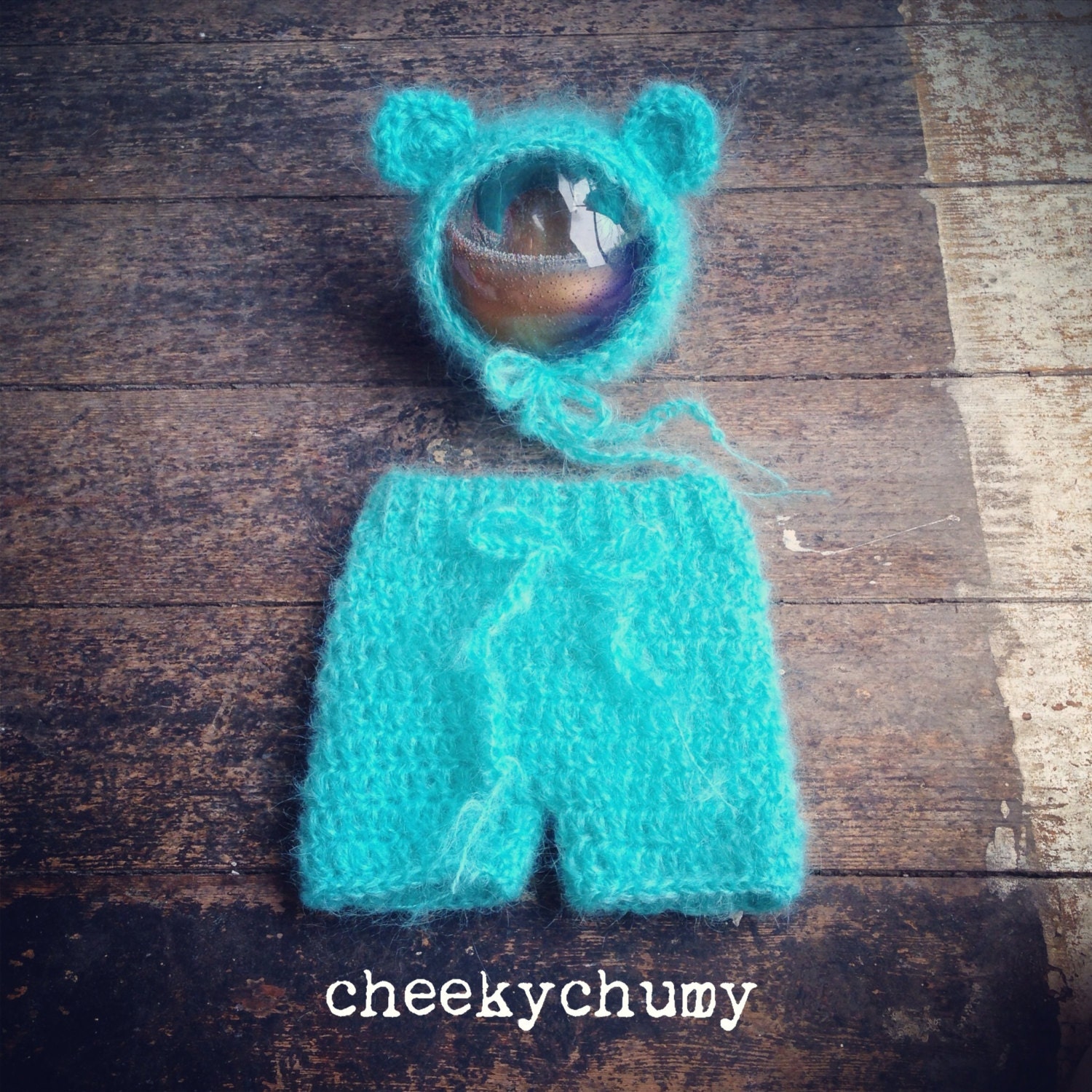 Fluffy mohair teddy bear set. Newborn shorties / pants and matching bear bonnet. Great photo prop. UK seller