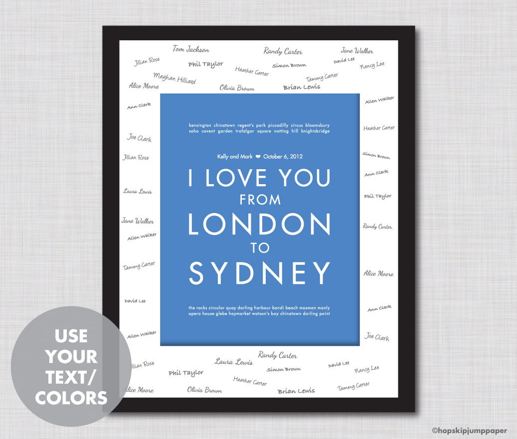 Wedding Guest Book Poster, London to Sydney, 8x10, Unframed, MADE TO ORDER - Use Your Text/Colors