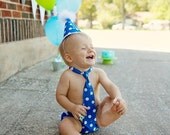 Baby boy / Toddler Necktie Party Hat & Diaper Cover First Birthday Photo Cake Smash Outfit in Blue with White Polka Dots