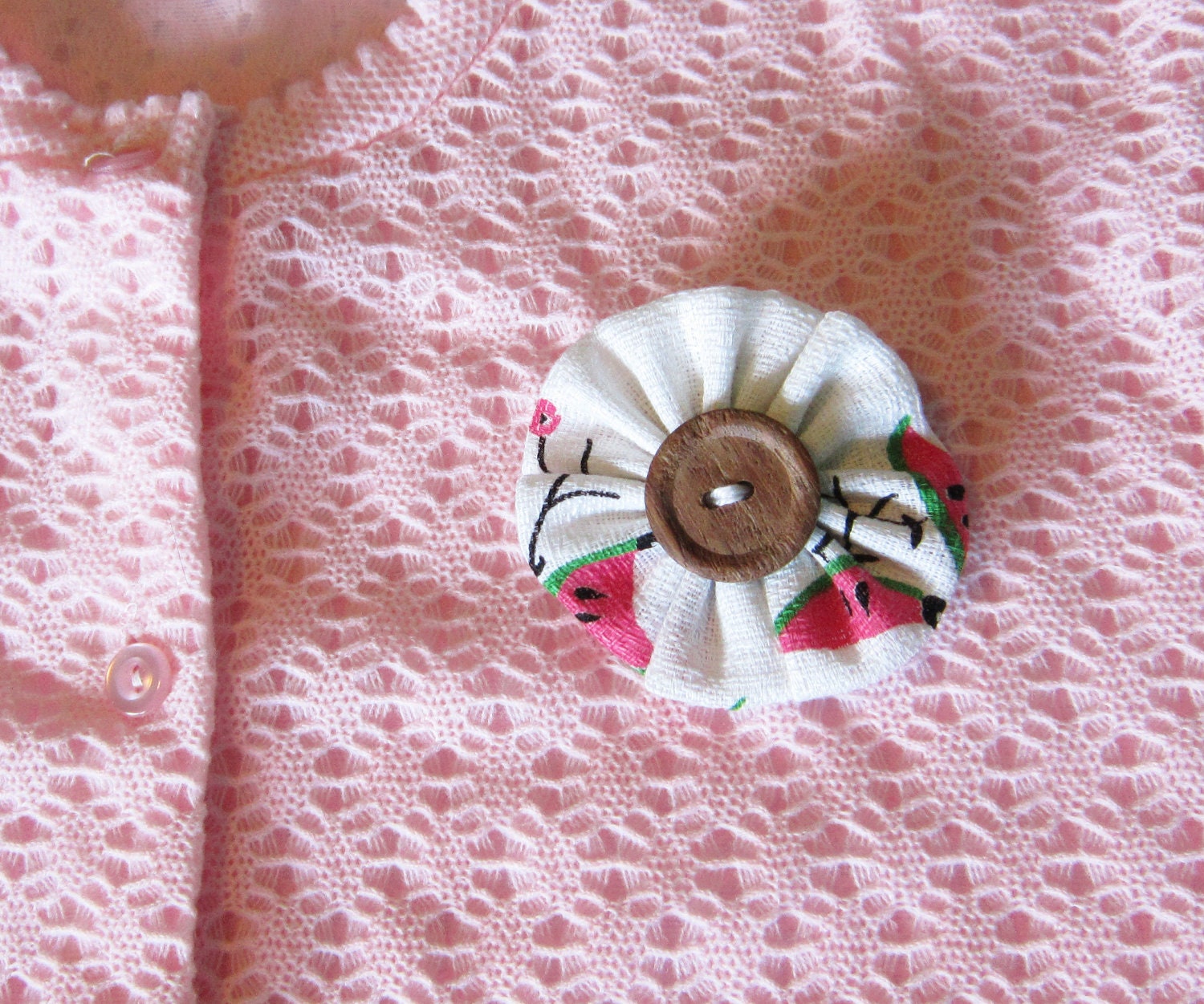 Watermelon Bird Flower And Wood Button Brooch