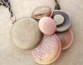 Button Cluster Necklace Beige Cream Pink Bronze Vintage