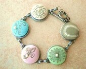 Vintage French Inspired fabric button bracelet teal sage cream taupe