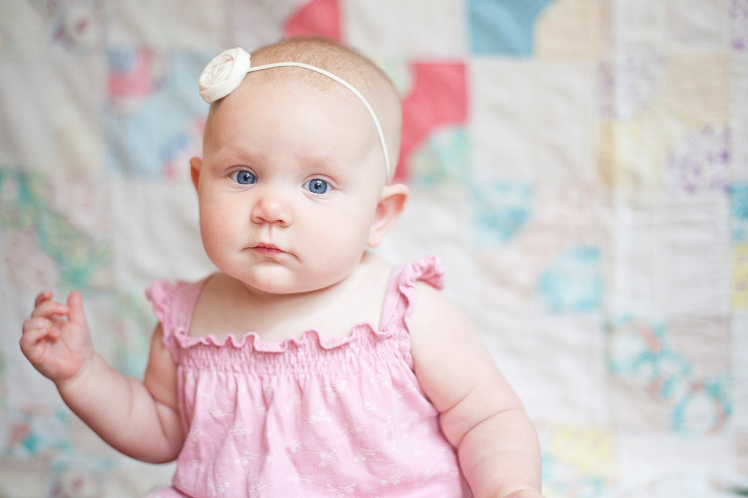 Rolled Fabric Flower Headband Single - Solid Cream - on Skinny Elastic - Newborn Infant Toddler Girl Adult