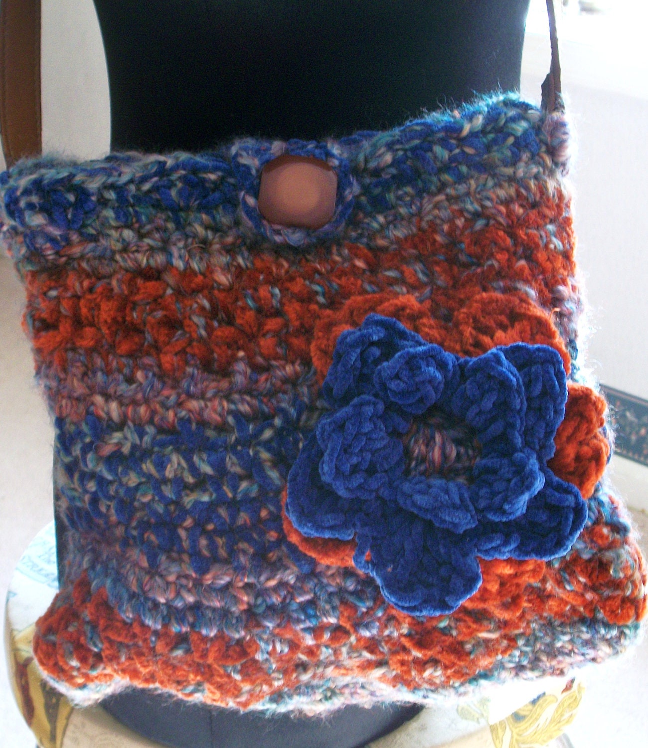 Purse Crossbody Crocheted Thick Blue, Rust, Cream Leather Strap and Flower