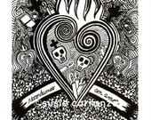 Print - "Recordamos Con Amor" ("We Remember With Love"), Black and White Drawing, Day of the Dead