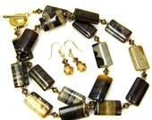 Brown Jasper Gemstone Necklace Combo Light Colorado Topaz Swarovski Crystal Necklace and Earrings
