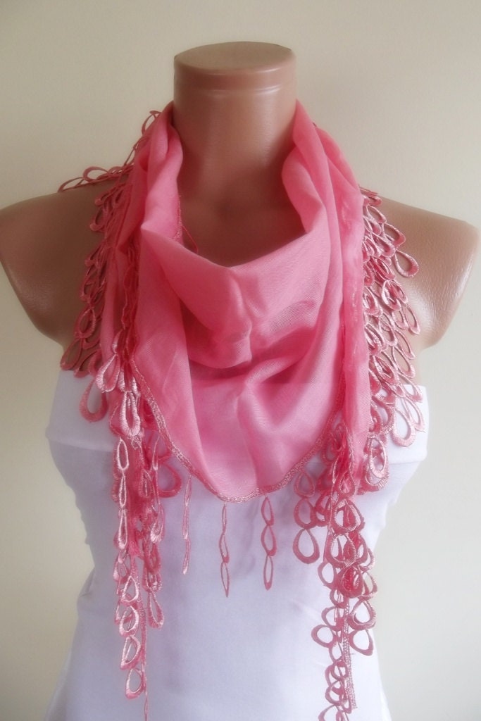 light coral pink cotton scarf with lace new design shawl neckwarmer cowl christmas gift for her