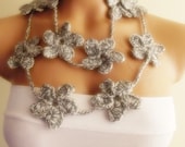 hand crocheted floral scarf lariat christmas gift grey white