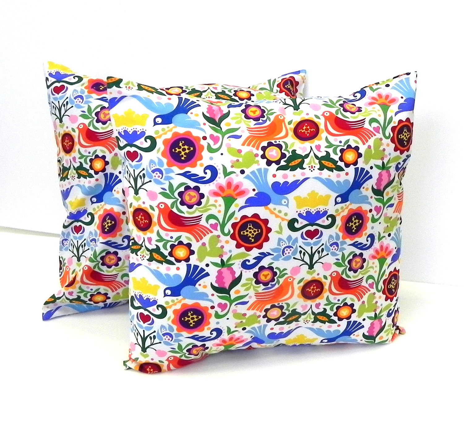 Pillow Covers. Set of Two 16x16. Doves and flowers in rainbow colors