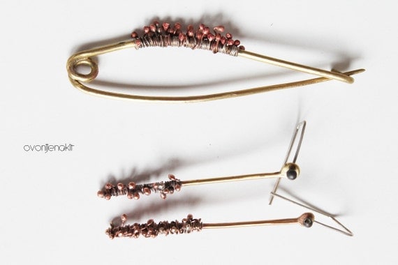 Modern handmade jewelry - sweater pin - unique jewelry - unique brass and copper pin. Known as "77 dwarfs".