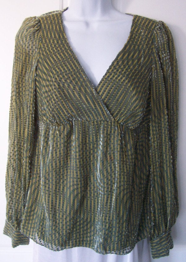 Betsey Johnson Green Silk Velvet Flock Dot Textured Empire Baby Doll Blouse 4 Small Top