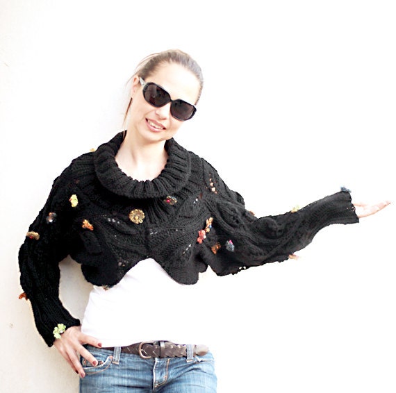 Knit Black Shrug Turtleneck/ Knitting by Solandia/ Black Sweater/ Hand Knit Shrug/ Knitted Sweater/ Autumn/ Spring Shawl Long Sleeve