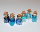 Miniature Nail Glitter in Blues: Sampler of 6 SOLVENT RESISTANT Glitters in Tiny Glass Bottles with Cork