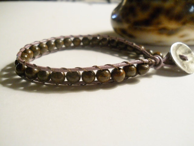 Boho Leather Wrapped Bracelet Plum Pudding Fossil Beads purple leather