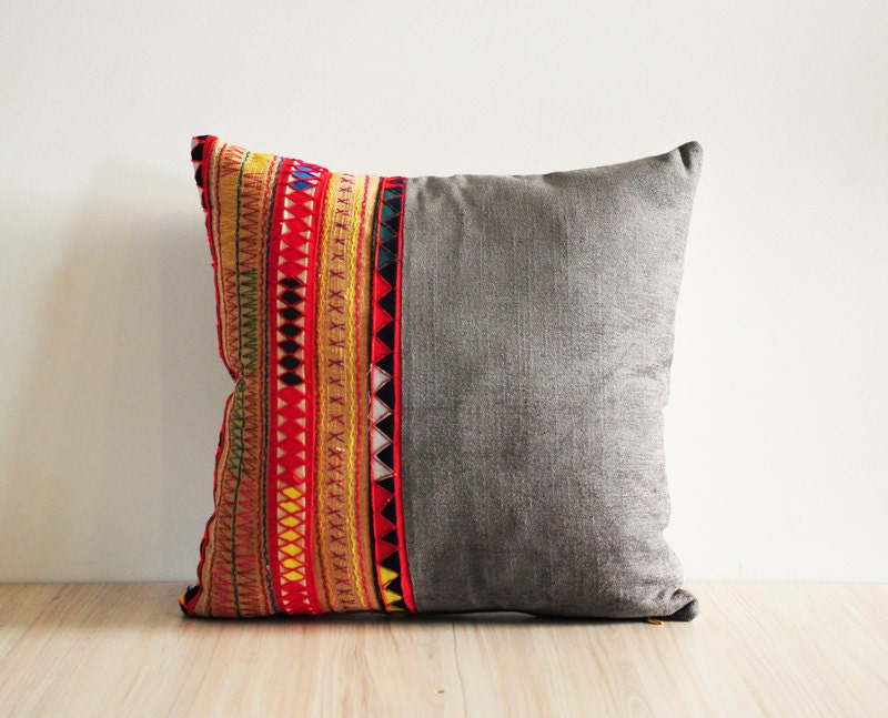 Patchwork pillow cover with handmade Thai Hmong fabrics - VII