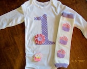 Girls First Birthday set with onesie matching leg warmers and hair clip