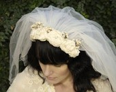 Handmade Raw Silk Shabby Roses Bridal Veil Headpiece