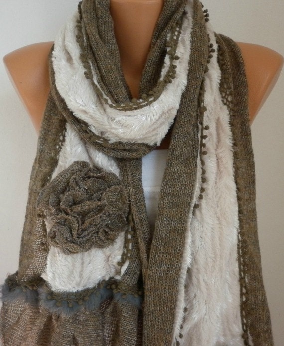 Fabric Knitted Pompom Scarf  -  Plush Shawl Scarf  Flower Scarf -  Cowl Scarf - Beige - fatwoman