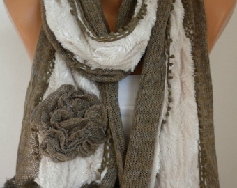 Fabric Knitted Pompom Scarf  -  Plush Shawl Scarf  Flower Scarf -  Cowl Scarf - Beige - fatwoman