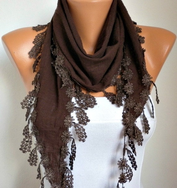 BIG SALE Brown Scarf  - Cotton  Scarf -  Cowl with Lace Edge   -
